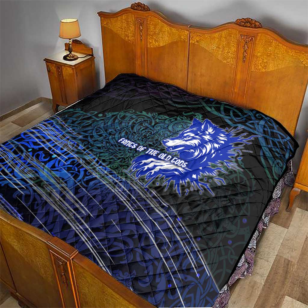 Fenrir Quilt with Blue Wolf, Runes and Ragnarok End of Gods Tribute - Wonder Print Shop