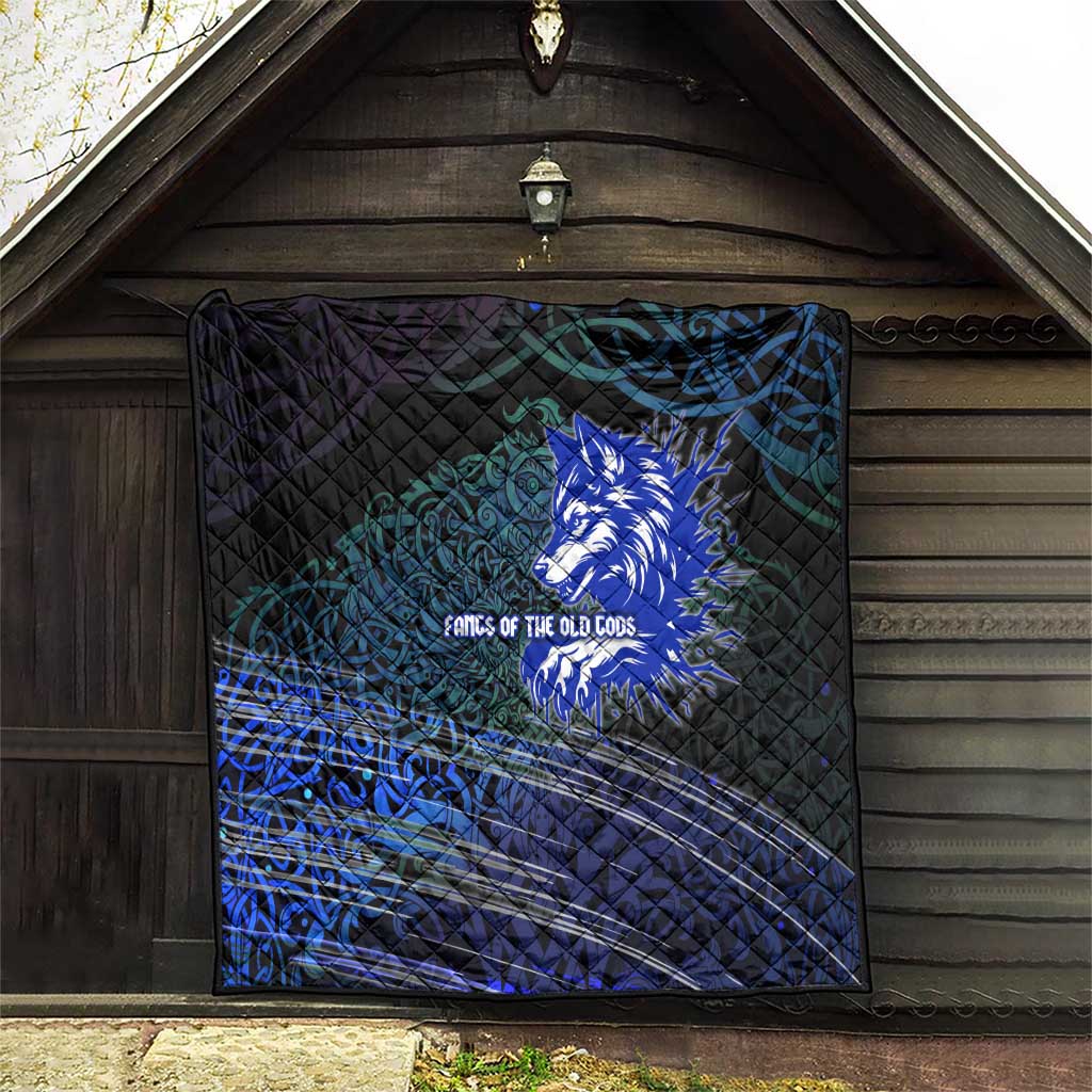 Fenrir Quilt with Blue Wolf, Runes and Ragnarok End of Gods Tribute - Wonder Print Shop