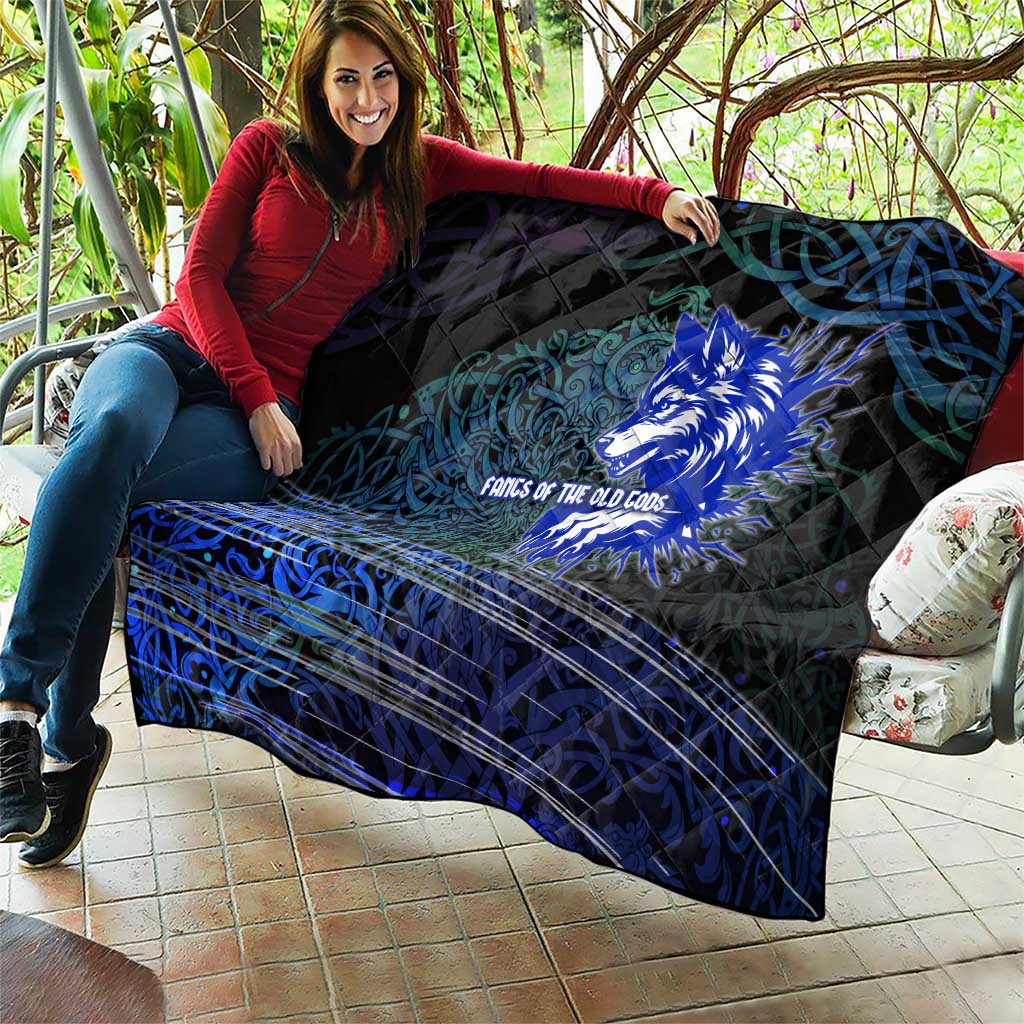 Fenrir Quilt with Blue Wolf, Runes and Ragnarok End of Gods Tribute - Wonder Print Shop