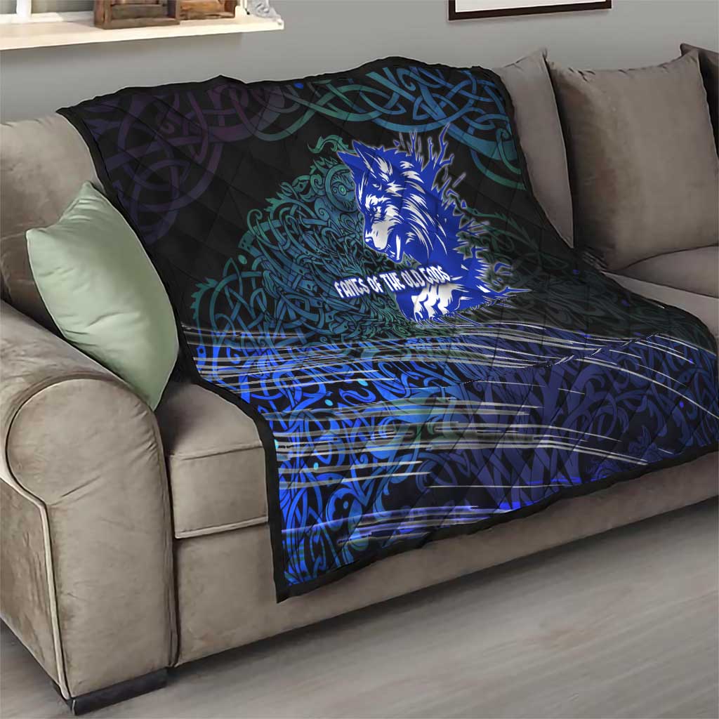 Fenrir Quilt with Blue Wolf, Runes and Ragnarok End of Gods Tribute - Wonder Print Shop