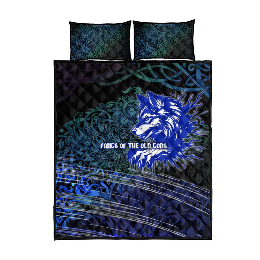 Fenrir Quilt Bed Set with Blue Wolf, Runes and Ragnarok End of Gods Tribute - Wonder Print Shop