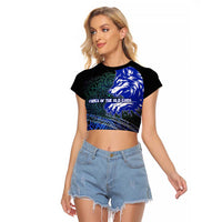 Fenrir Raglan Cropped T Shirt with Blue Wolf, Runes and Ragnarok End of Gods Tribute - Wonder Print Shop