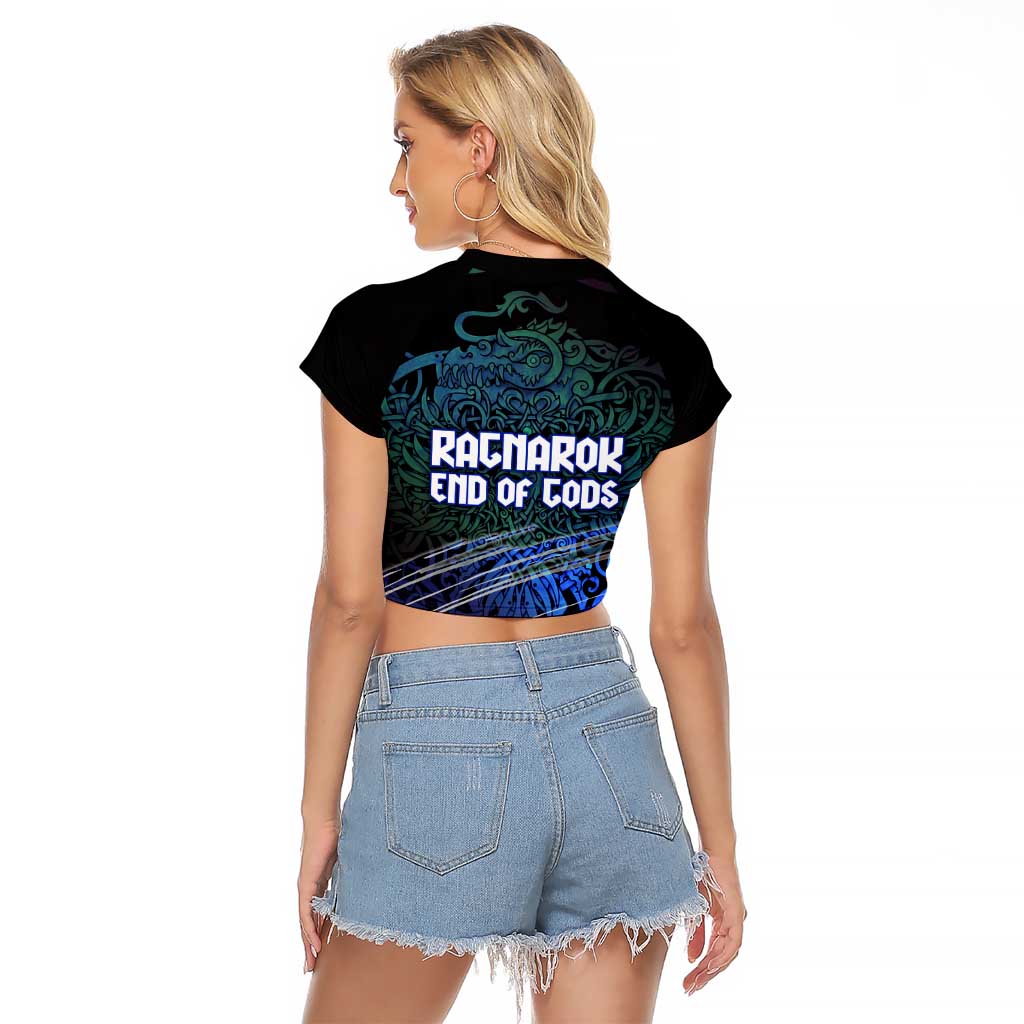 Fenrir Raglan Cropped T Shirt with Blue Wolf, Runes and Ragnarok End of Gods Tribute - Wonder Print Shop