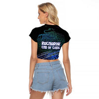 Fenrir Raglan Cropped T Shirt with Blue Wolf, Runes and Ragnarok End of Gods Tribute - Wonder Print Shop