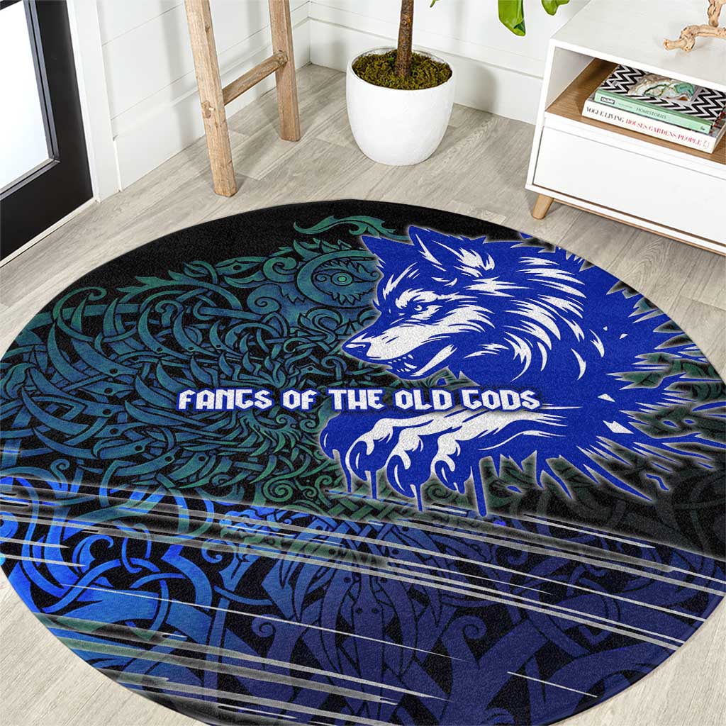 Fenrir Round Carpet with Blue Wolf, Runes and Ragnarok End of Gods Tribute - Wonder Print Shop