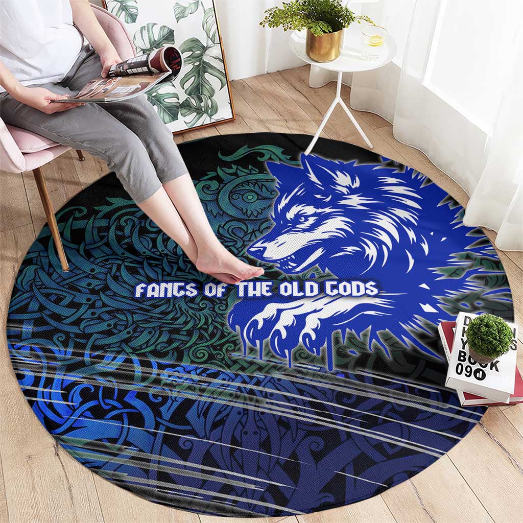 Fenrir Round Carpet with Blue Wolf, Runes and Ragnarok End of Gods Tribute - Wonder Print Shop