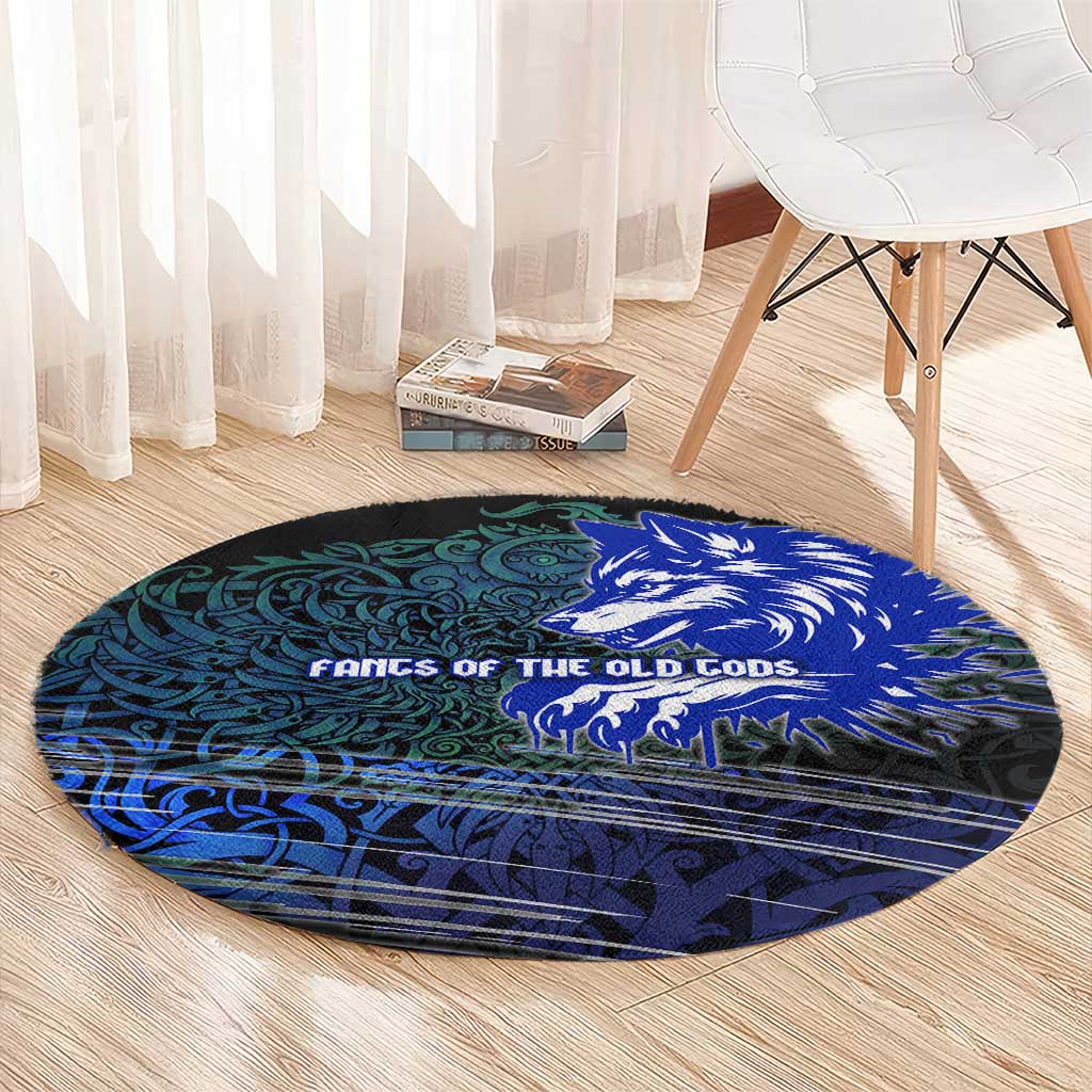 Fenrir Round Carpet with Blue Wolf, Runes and Ragnarok End of Gods Tribute - Wonder Print Shop