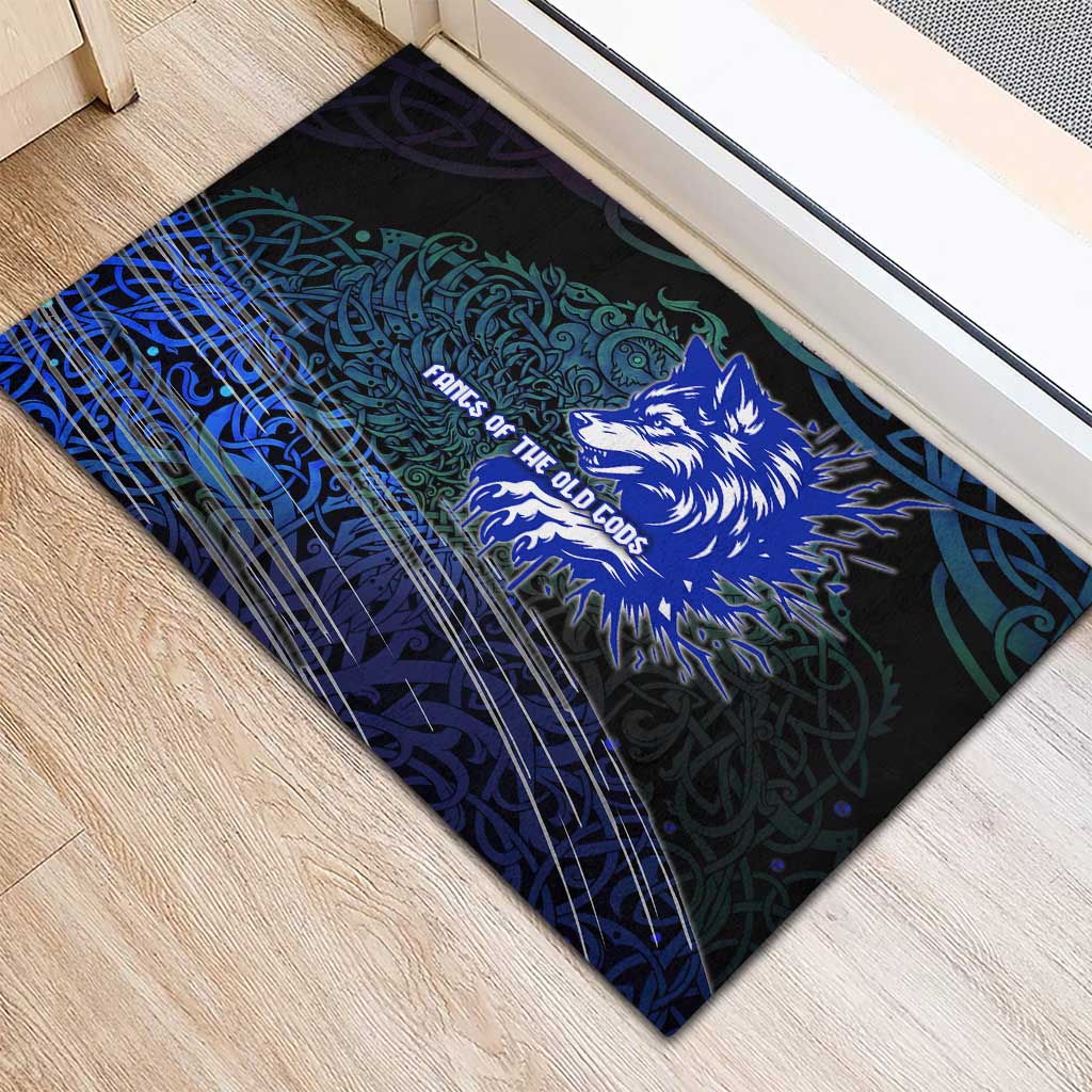 Fenrir Rubber Doormat with Blue Wolf, Runes and Ragnarok End of Gods Tribute - Wonder Print Shop