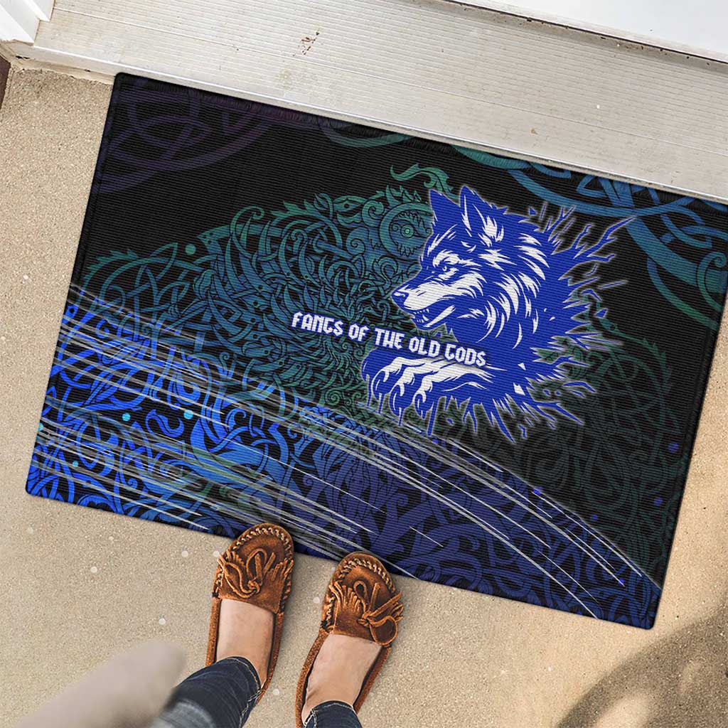 Fenrir Rubber Doormat with Blue Wolf, Runes and Ragnarok End of Gods Tribute - Wonder Print Shop
