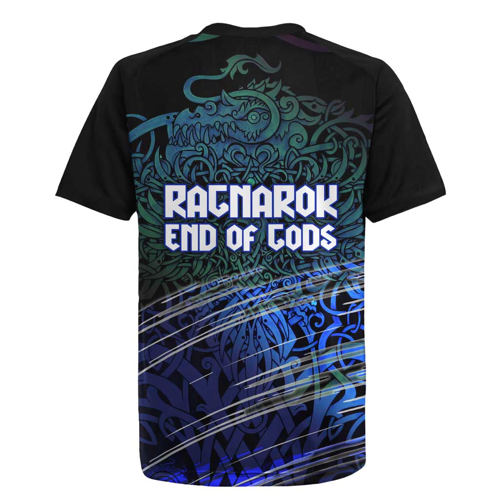 Fenrir Rugby Jersey with Blue Wolf, Runes and Ragnarok End of Gods Tribute - Wonder Print Shop