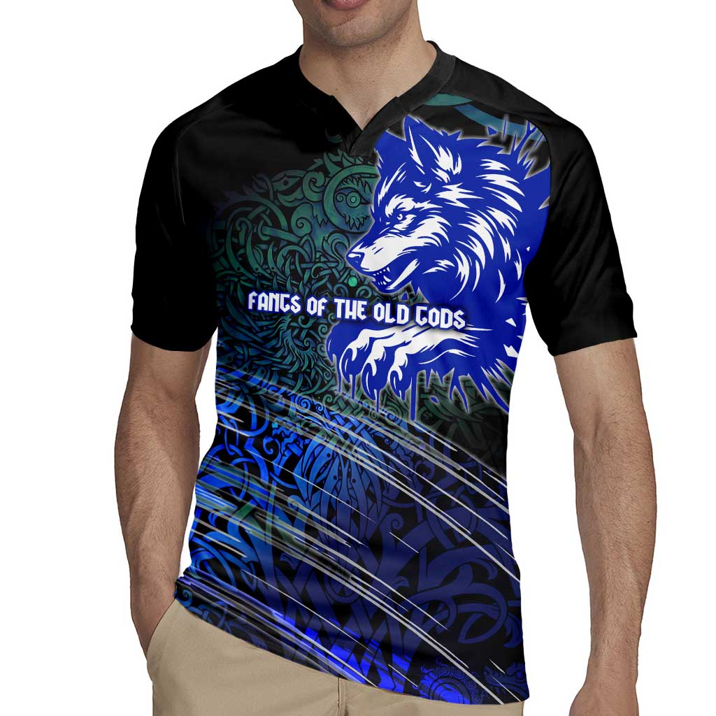 Fenrir Rugby Jersey with Blue Wolf, Runes and Ragnarok End of Gods Tribute - Wonder Print Shop