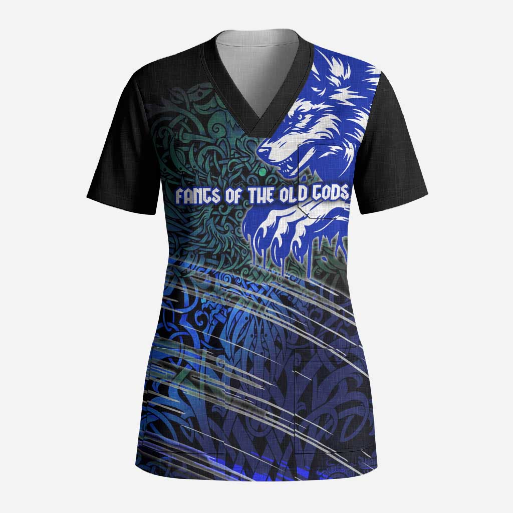 Fenrir Scrub Top with Blue Wolf, Runes and Ragnarok End of Gods Tribute - Wonder Print Shop