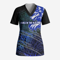 Fenrir Scrub Top with Blue Wolf, Runes and Ragnarok End of Gods Tribute - Wonder Print Shop