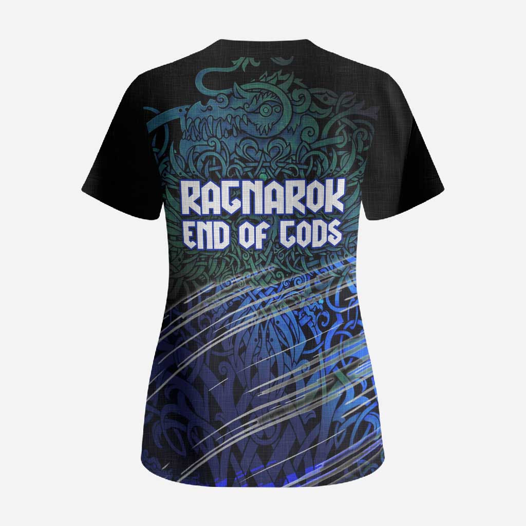 Fenrir Scrub Top with Blue Wolf, Runes and Ragnarok End of Gods Tribute - Wonder Print Shop