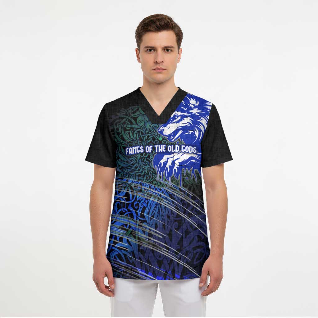 Fenrir Scrub Top with Blue Wolf, Runes and Ragnarok End of Gods Tribute - Wonder Print Shop