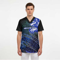Fenrir Scrub Top with Blue Wolf, Runes and Ragnarok End of Gods Tribute - Wonder Print Shop