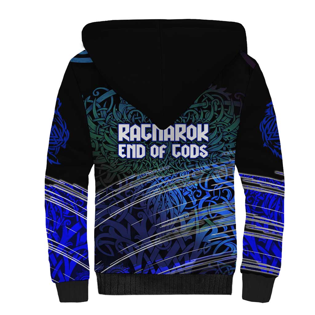 Fenrir Sherpa Hoodie with Blue Wolf, Runes and Ragnarok End of Gods Tribute - Wonder Print Shop