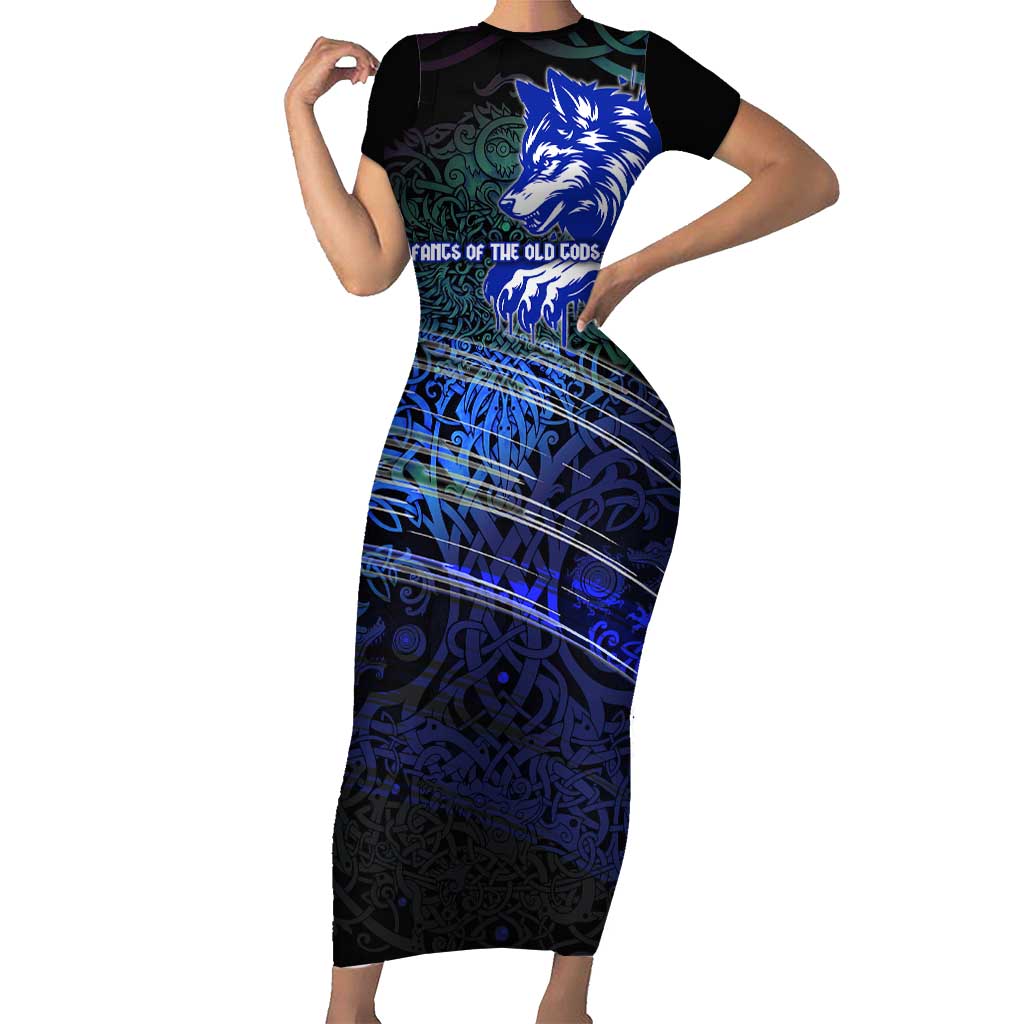 Fenrir Short Sleeve Bodycon Dress with Blue Wolf, Runes and Ragnarok End of Gods Tribute - Wonder Print Shop