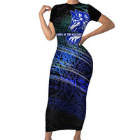 Fenrir Short Sleeve Bodycon Dress with Blue Wolf, Runes and Ragnarok End of Gods Tribute - Wonder Print Shop