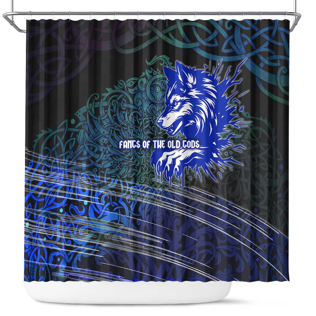 Fenrir Shower Curtain with Blue Wolf, Runes and Ragnarok End of Gods Tribute - Wonder Print Shop