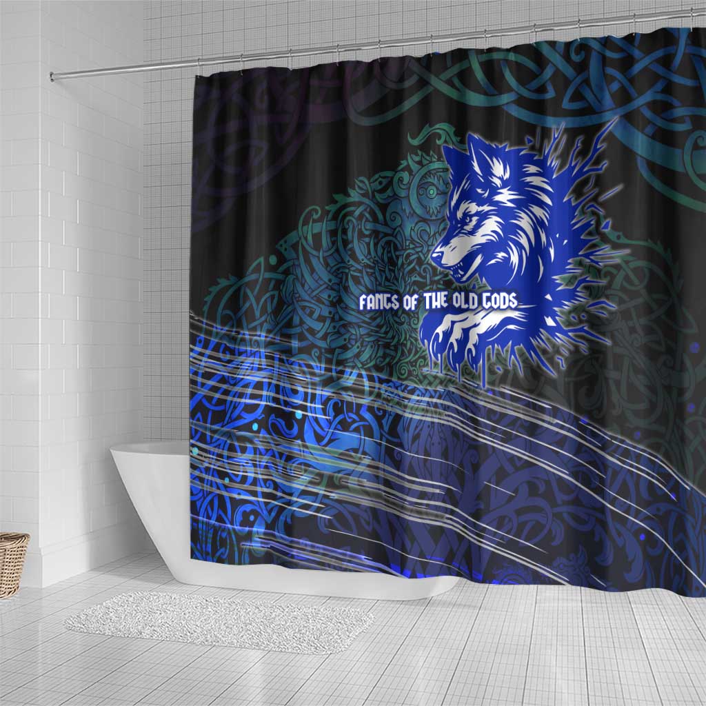 Fenrir Shower Curtain with Blue Wolf, Runes and Ragnarok End of Gods Tribute - Wonder Print Shop