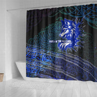 Fenrir Shower Curtain with Blue Wolf, Runes and Ragnarok End of Gods Tribute - Wonder Print Shop
