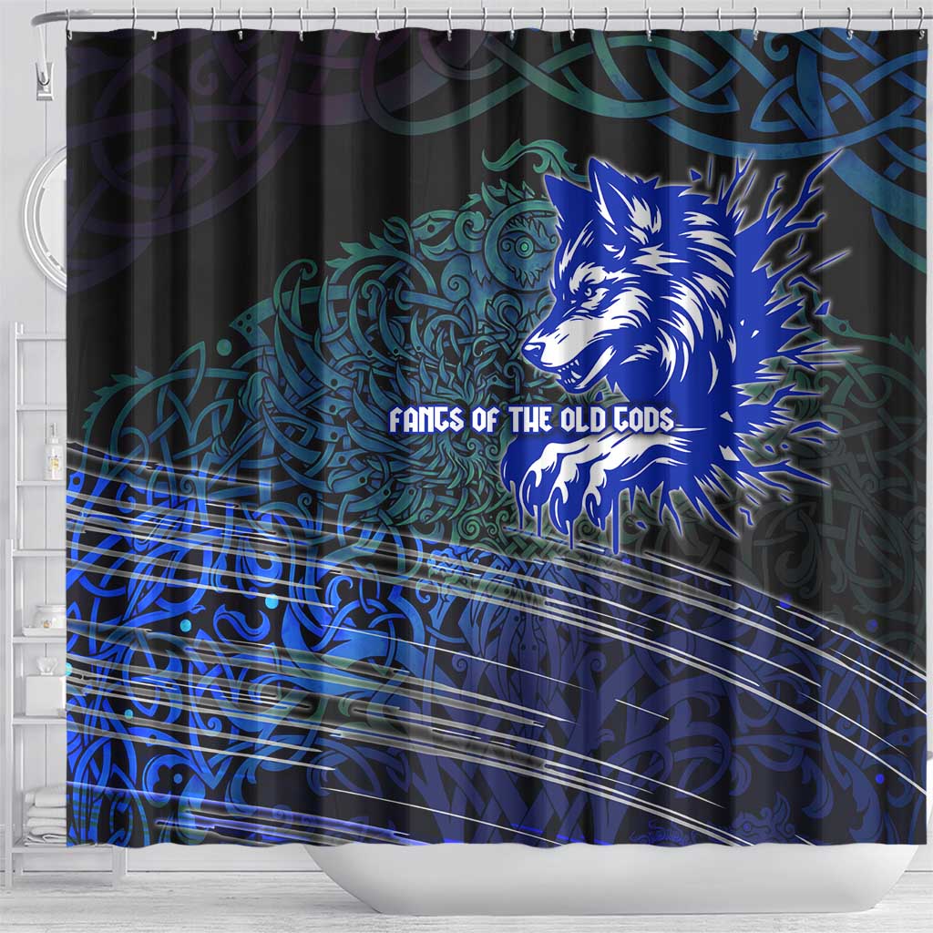 Fenrir Shower Curtain with Blue Wolf, Runes and Ragnarok End of Gods Tribute - Wonder Print Shop