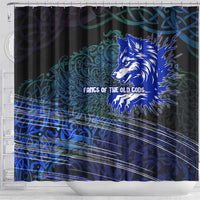 Fenrir Shower Curtain with Blue Wolf, Runes and Ragnarok End of Gods Tribute - Wonder Print Shop