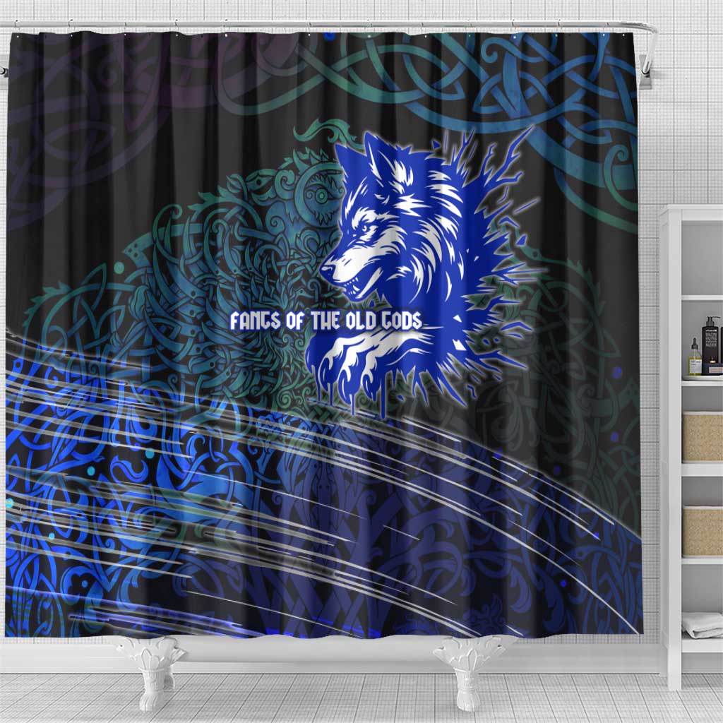 Fenrir Shower Curtain with Blue Wolf, Runes and Ragnarok End of Gods Tribute - Wonder Print Shop
