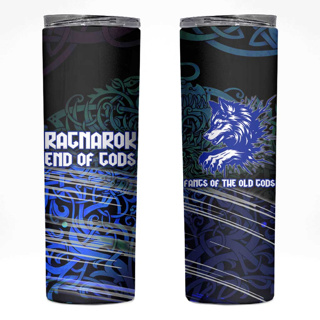 Fenrir Skinny Tumbler with Blue Wolf, Runes and Ragnarok End of Gods Tribute - Wonder Print Shop