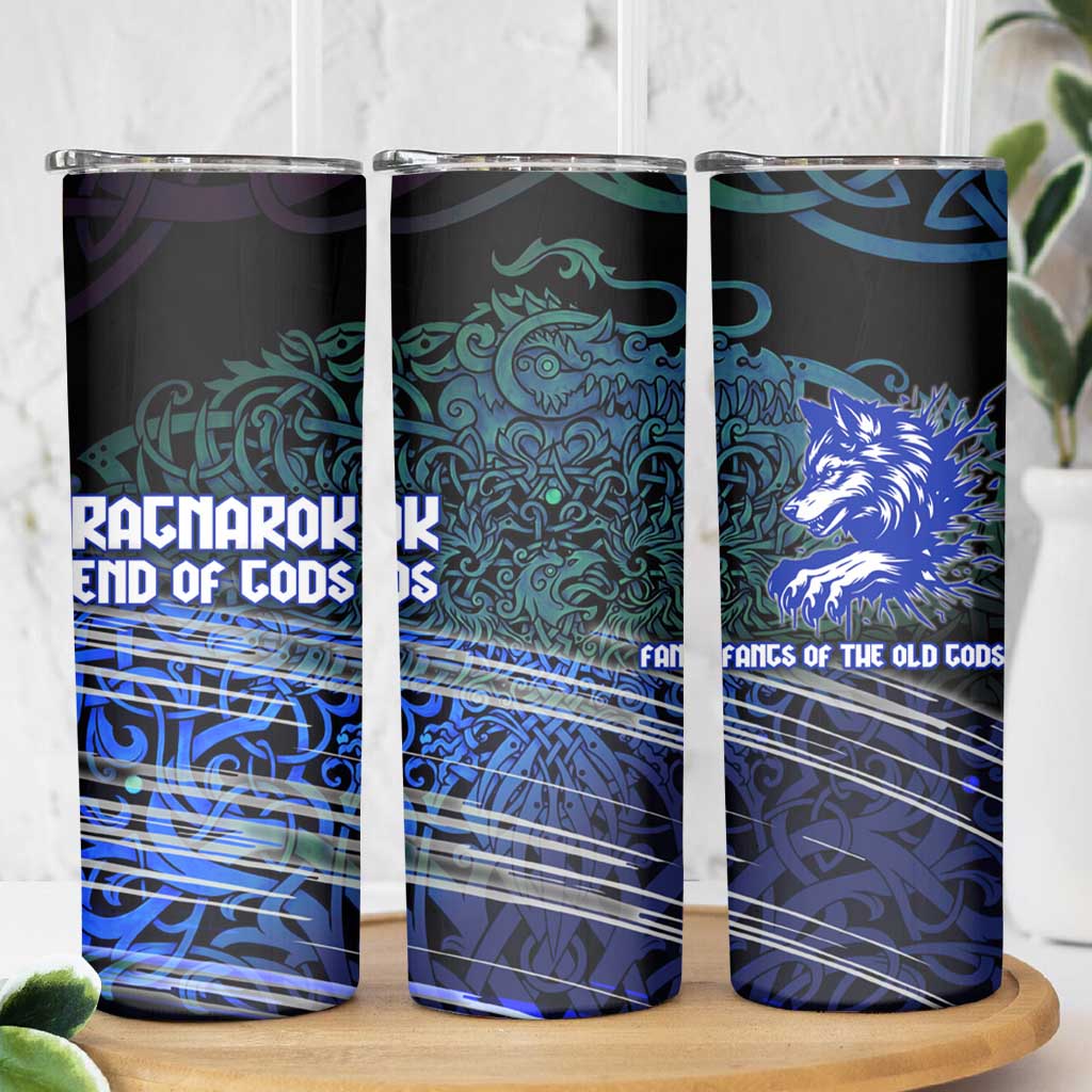 Fenrir Skinny Tumbler with Blue Wolf, Runes and Ragnarok End of Gods Tribute - Wonder Print Shop