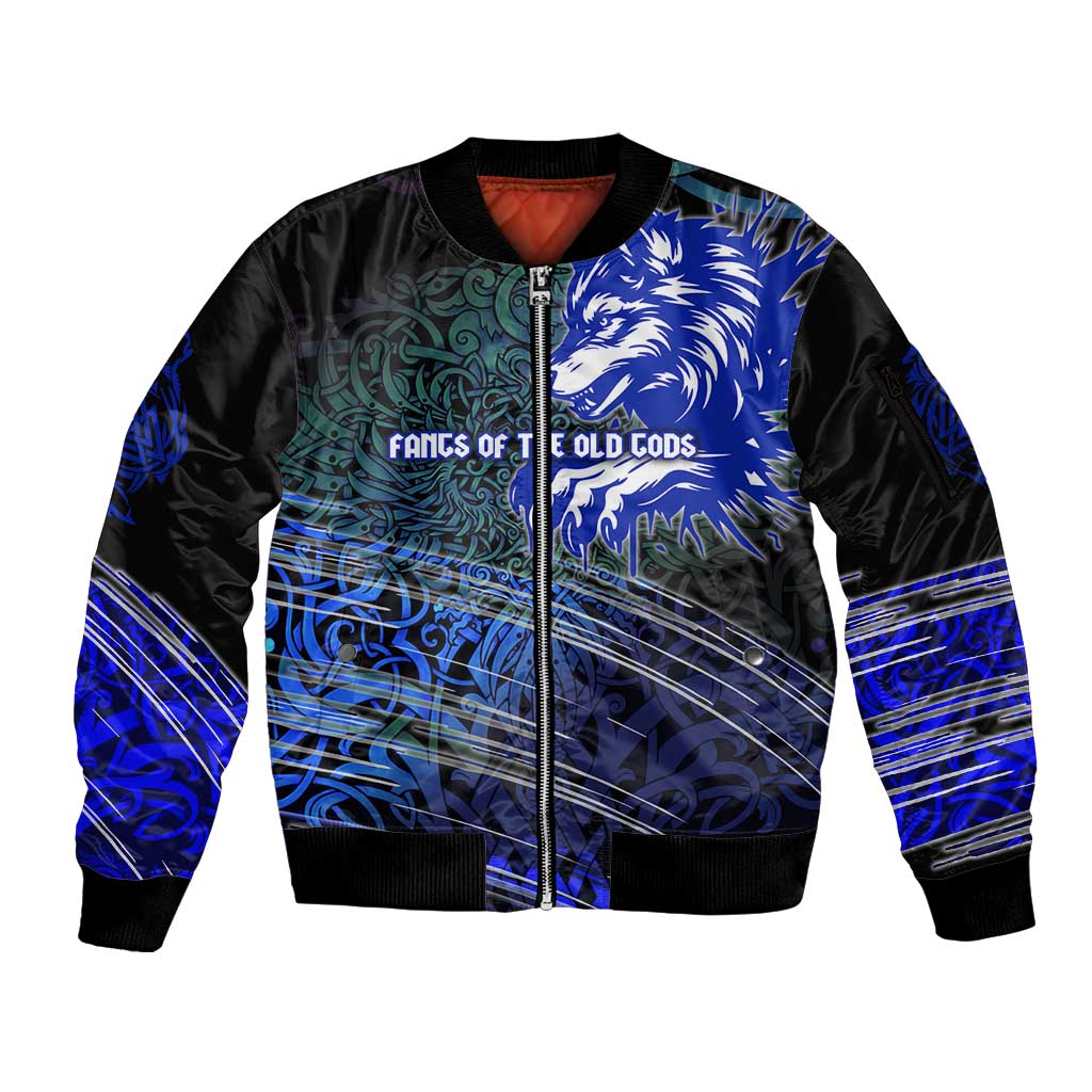 Fenrir Sleeve Zip Bomber Jacket with Blue Wolf, Runes and Ragnarok End of Gods Tribute - Wonder Print Shop