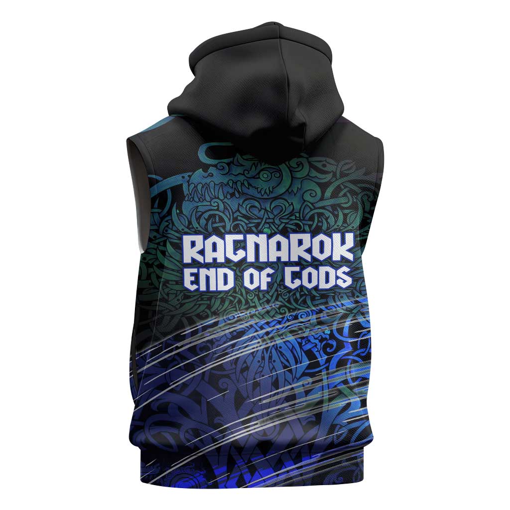 Fenrir Sleeveless Hoodie with Blue Wolf, Runes and Ragnarok End of Gods Tribute - Wonder Print Shop
