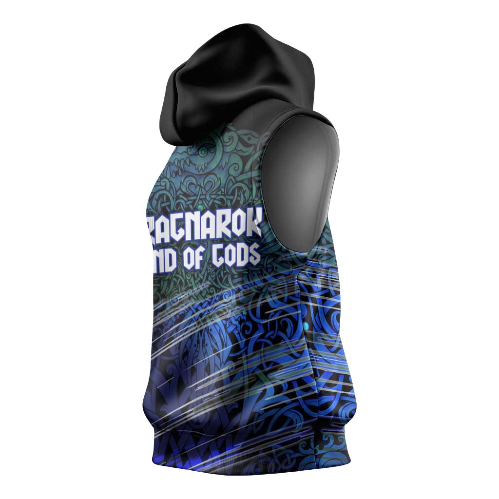 Fenrir Sleeveless Hoodie with Blue Wolf, Runes and Ragnarok End of Gods Tribute - Wonder Print Shop