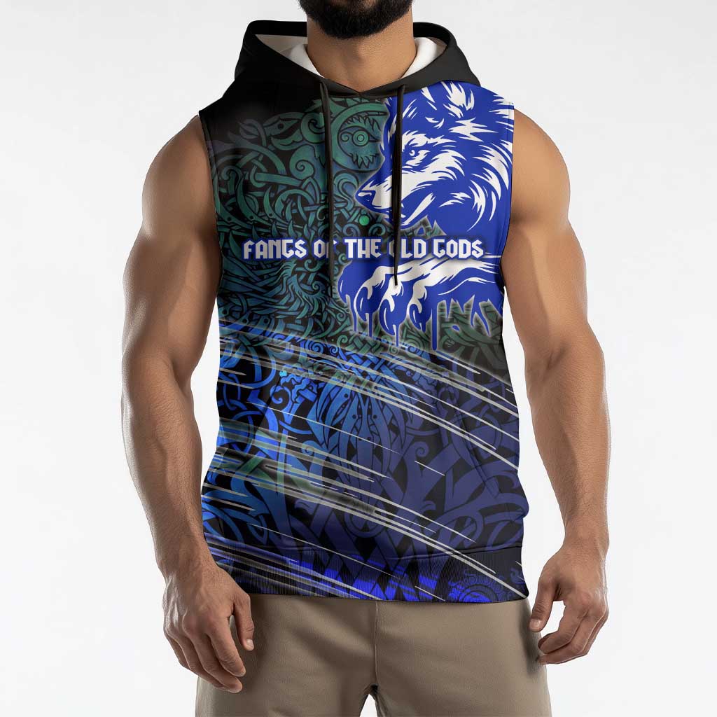 Fenrir Sleeveless Hoodie with Blue Wolf, Runes and Ragnarok End of Gods Tribute - Wonder Print Shop