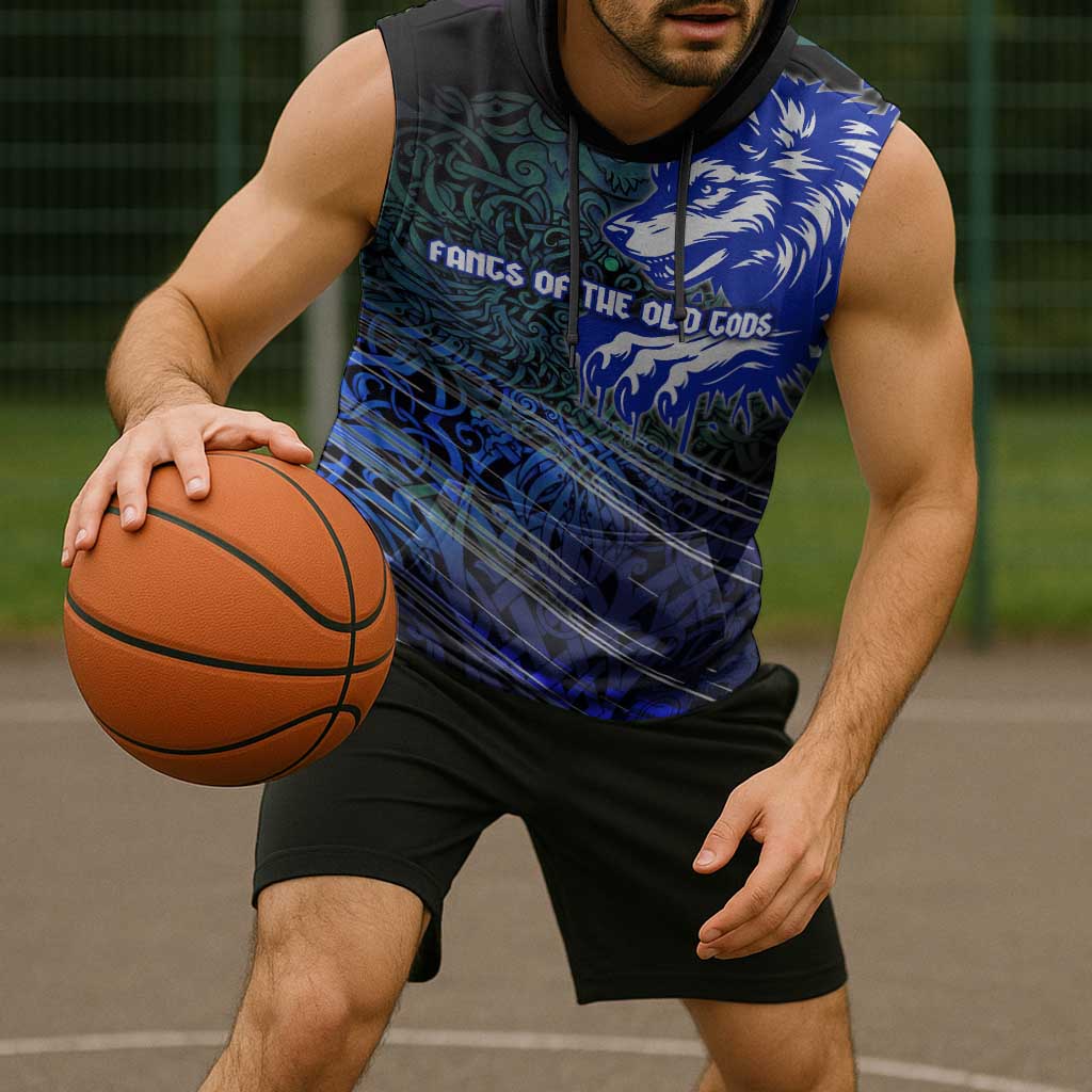 Fenrir Sleeveless Hoodie with Blue Wolf, Runes and Ragnarok End of Gods Tribute - Wonder Print Shop