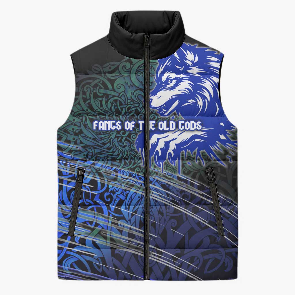 Fenrir Sleeveless Puffer Jacket with Blue Wolf, Runes and Ragnarok End of Gods Tribute - Wonder Print Shop