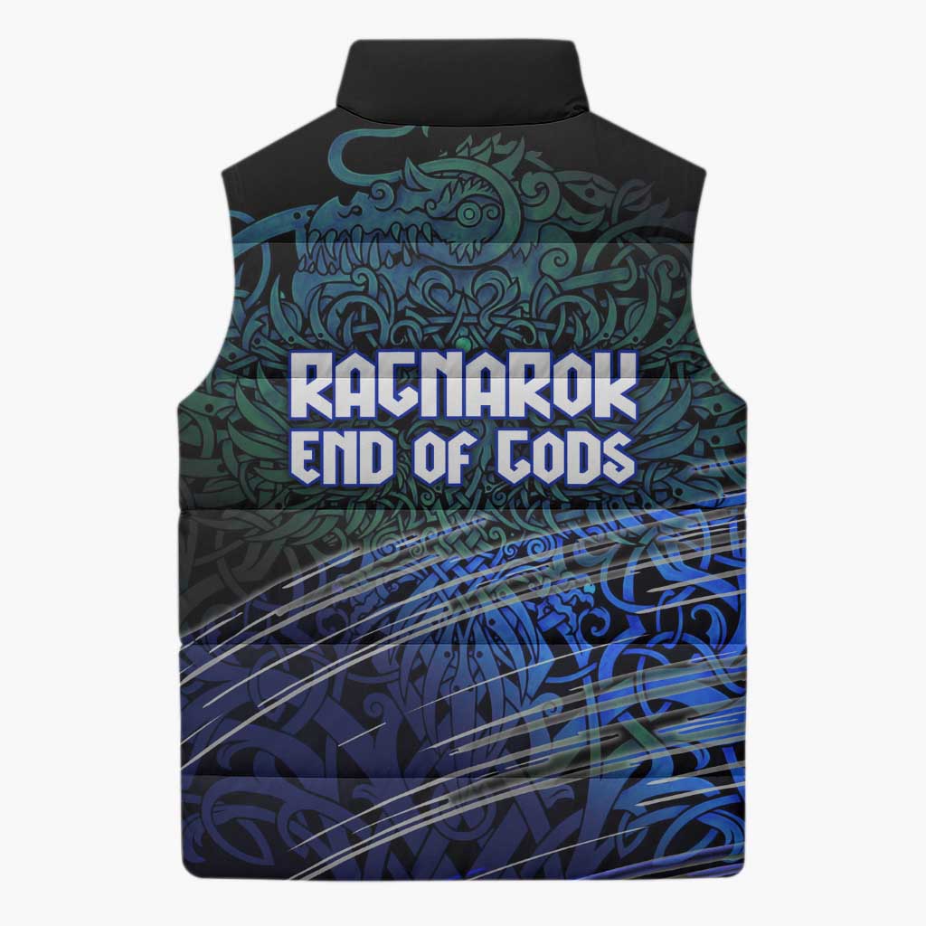 Fenrir Sleeveless Puffer Jacket with Blue Wolf, Runes and Ragnarok End of Gods Tribute - Wonder Print Shop