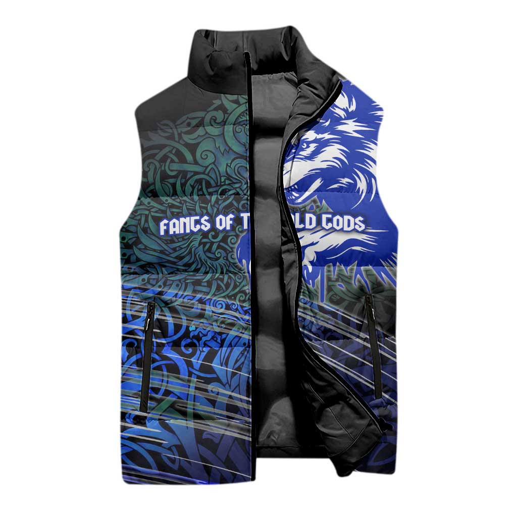 Fenrir Sleeveless Puffer Jacket with Blue Wolf, Runes and Ragnarok End of Gods Tribute - Wonder Print Shop