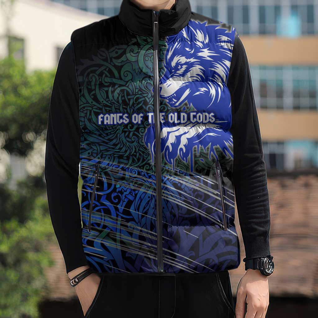 Fenrir Sleeveless Puffer Jacket with Blue Wolf, Runes and Ragnarok End of Gods Tribute - Wonder Print Shop