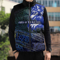 Fenrir Sleeveless Puffer Jacket with Blue Wolf, Runes and Ragnarok End of Gods Tribute - Wonder Print Shop