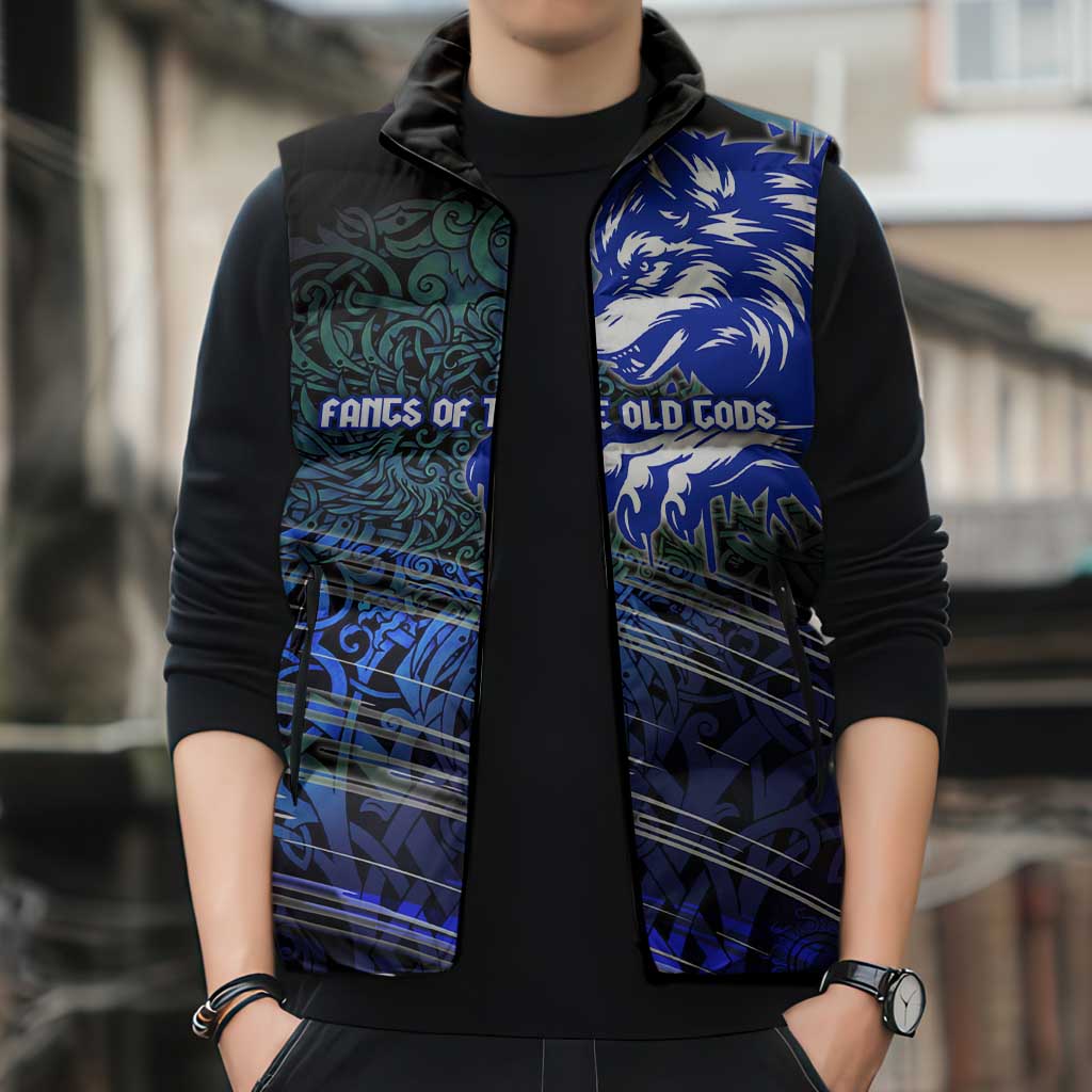 Fenrir Sleeveless Puffer Jacket with Blue Wolf, Runes and Ragnarok End of Gods Tribute - Wonder Print Shop