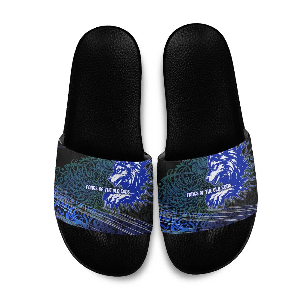 Fenrir Slide Sandals with Blue Wolf, Runes and Ragnarok End of Gods Tribute - Wonder Print Shop