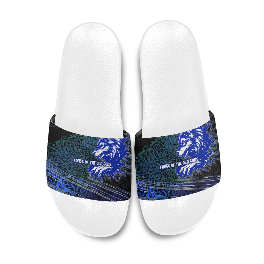 Fenrir Slide Sandals with Blue Wolf, Runes and Ragnarok End of Gods Tribute - Wonder Print Shop