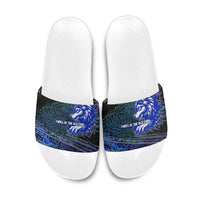 Fenrir Slide Sandals with Blue Wolf, Runes and Ragnarok End of Gods Tribute - Wonder Print Shop