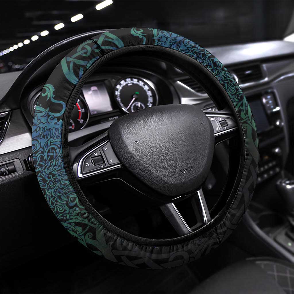 Fenrir Steering Wheel Cover with Blue Wolf, Runes and Ragnarok End of Gods Tribute - Wonder Print Shop