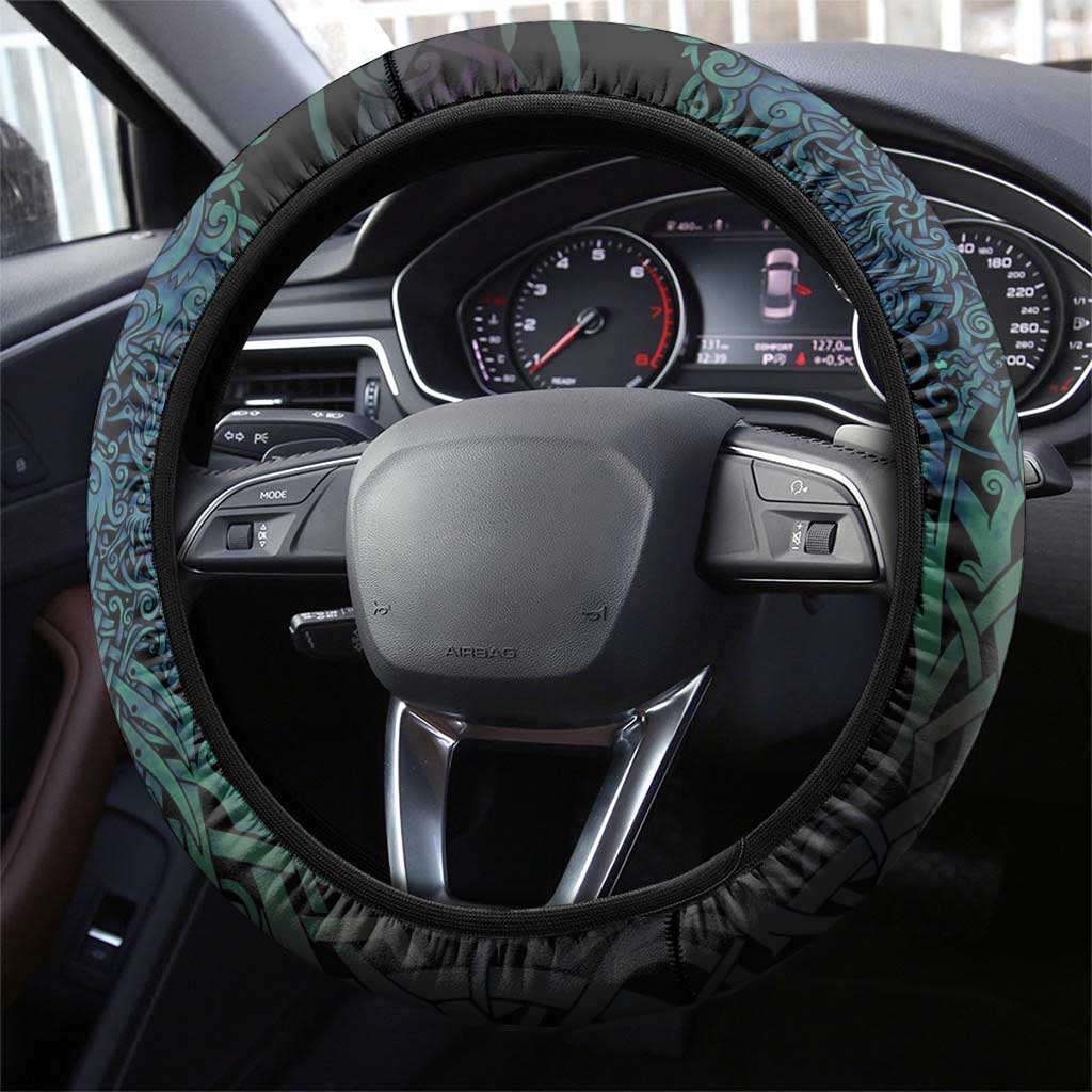 Fenrir Steering Wheel Cover with Blue Wolf, Runes and Ragnarok End of Gods Tribute - Wonder Print Shop