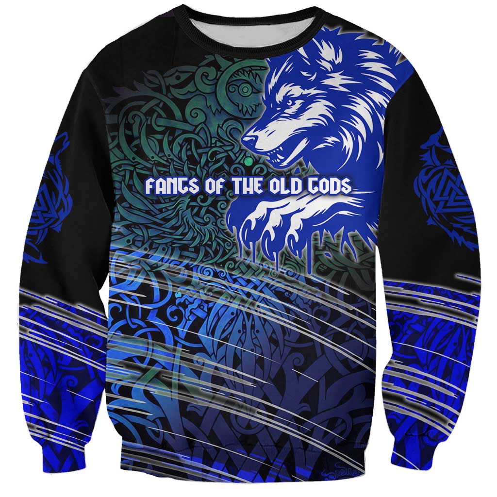 Fenrir Sweatshirt with Blue Wolf, Runes and Ragnarok End of Gods Tribute - Wonder Print Shop