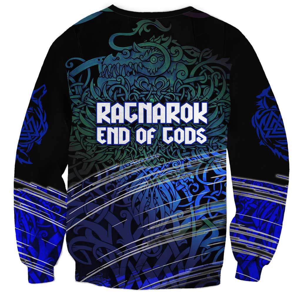 Fenrir Sweatshirt with Blue Wolf, Runes and Ragnarok End of Gods Tribute - Wonder Print Shop