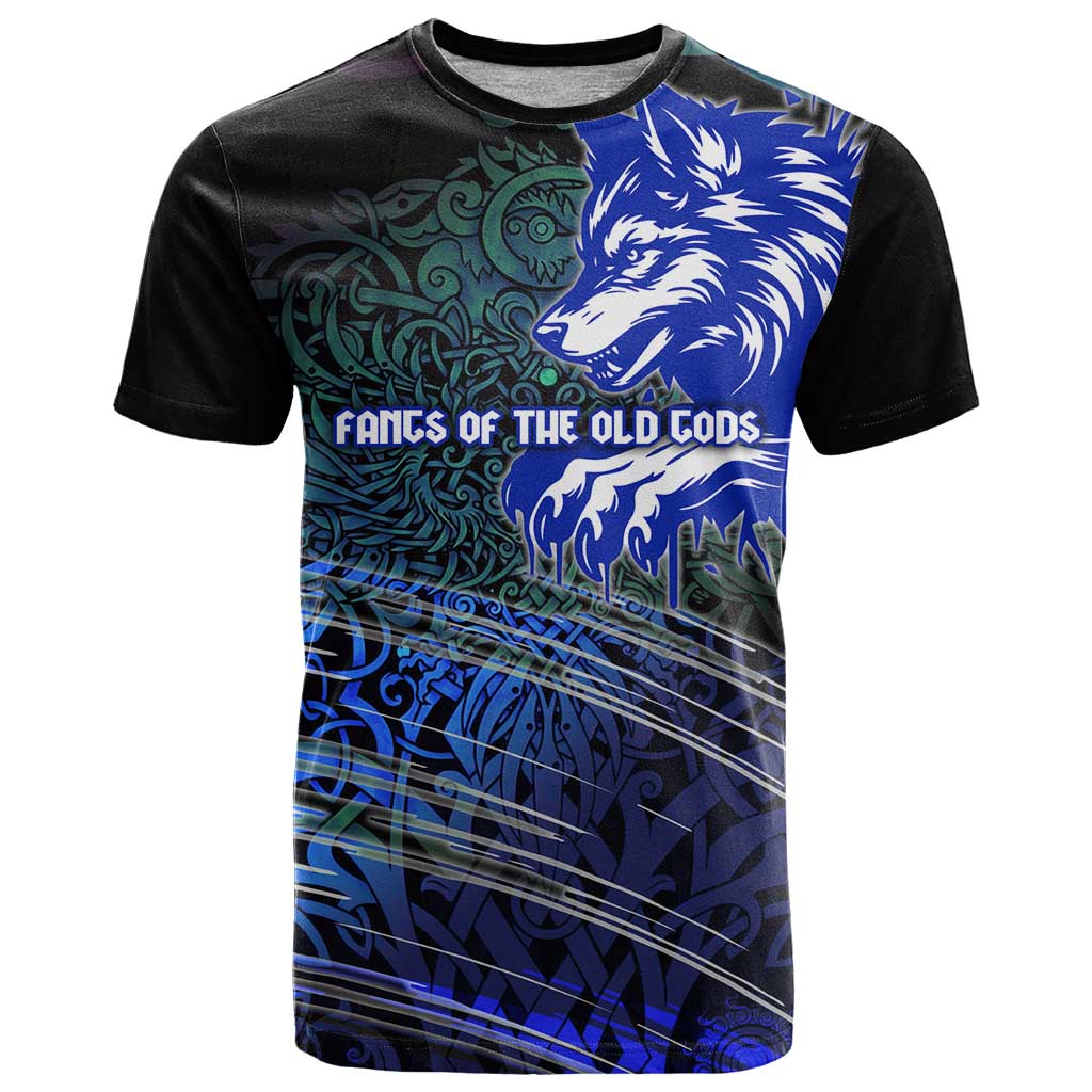 Fenrir T Shirt with Blue Wolf, Runes and Ragnarok End of Gods Tribute - Wonder Print Shop
